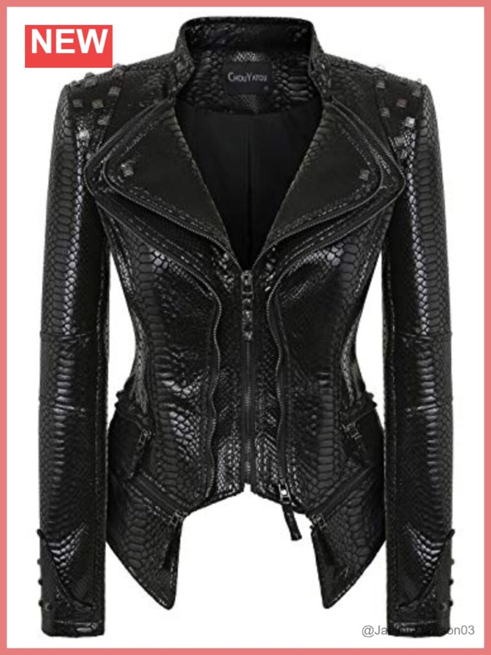 Faux Leather Moto Biker Jacket Snake Print Studded Slim Fit Zip